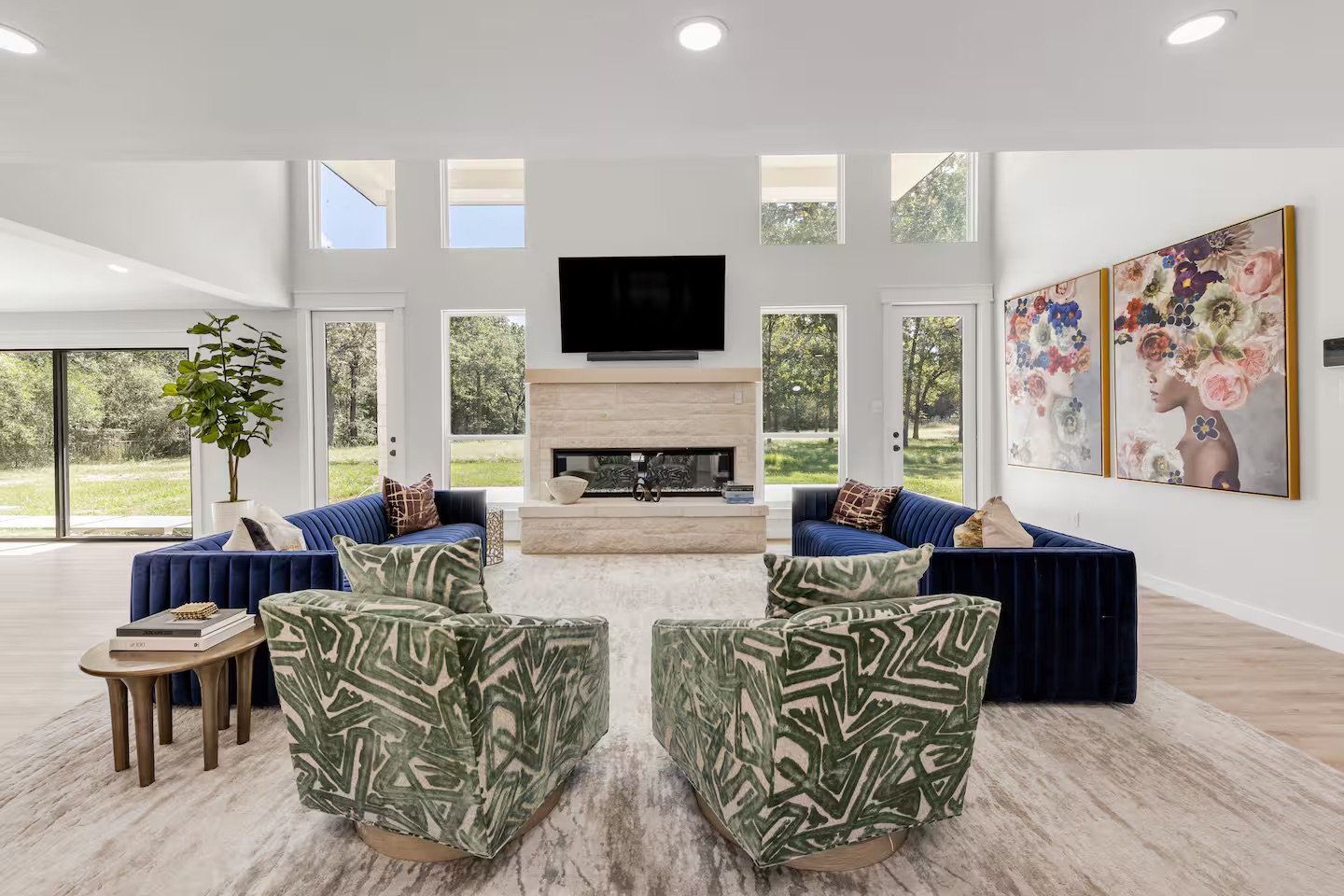 Spacious living room with fireplace and modern furniture