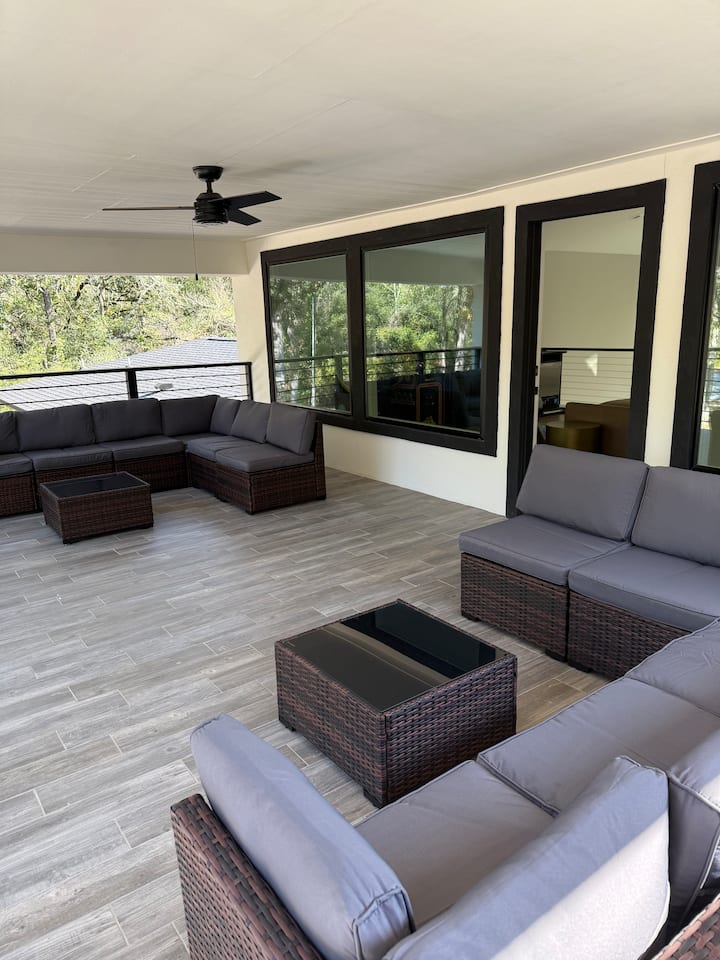 Large covered patio with sectional seating