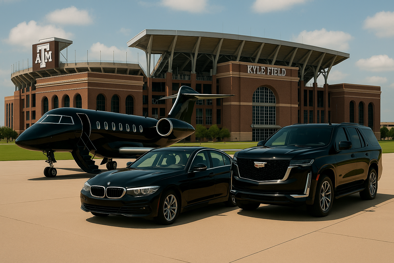 Luxury black vehicles parked next to a private jet with Kyle Field stadium in the background
