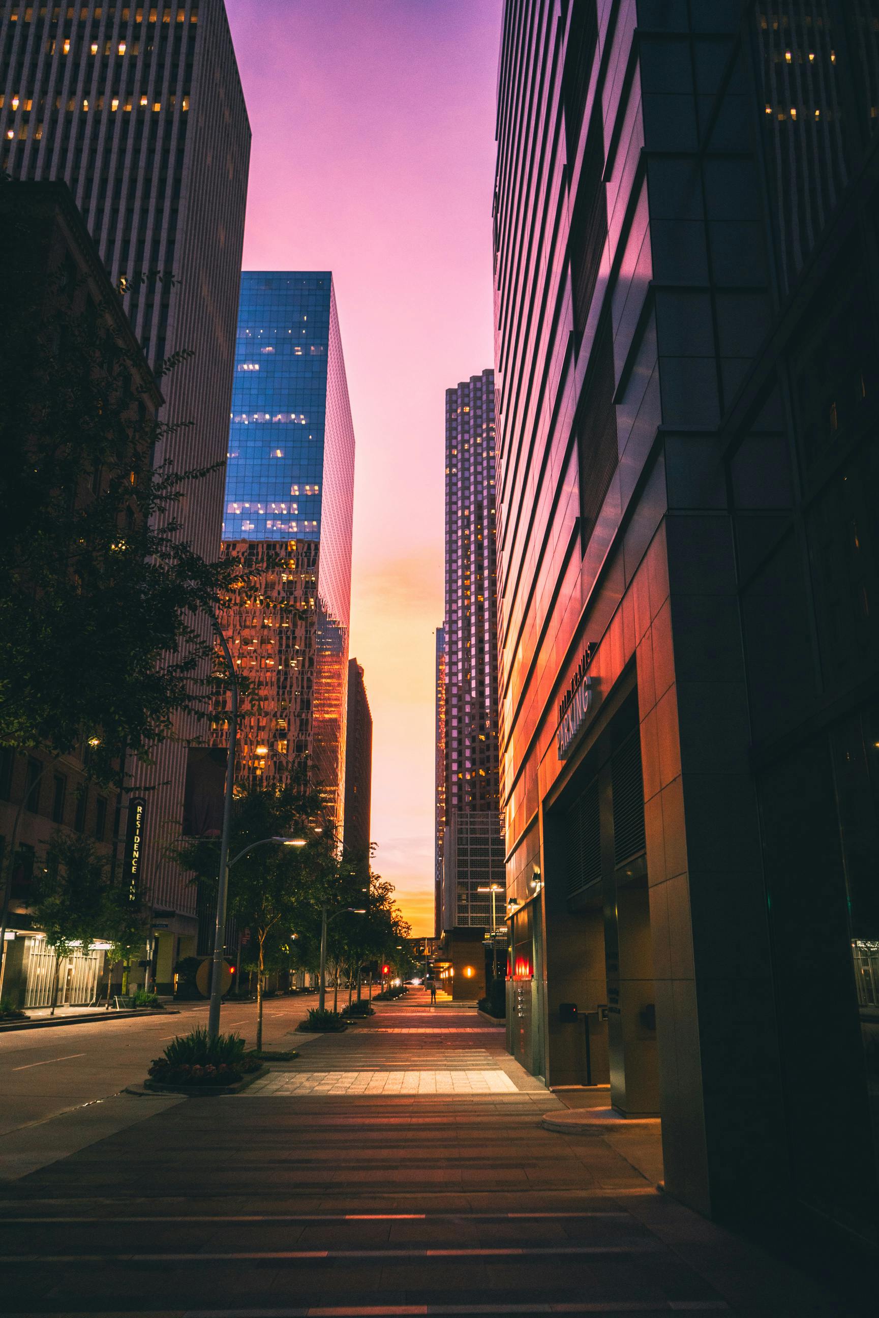 Houston downtown at sunset with beautiful sky